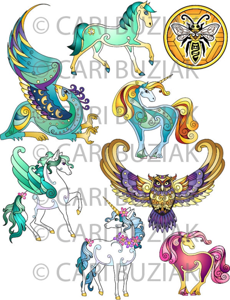 May include: A set of seven colorful illustrations featuring mythical creatures, including a unicorn, a phoenix, an owl, and a bee. The illustrations are done in a stained glass style with intricate details and vibrant colors.