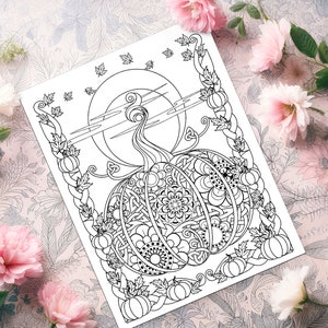 May include: A black and white line art coloring page featuring a detailed illustration of a pumpkin with intricate patterns and vines. The pumpkin is surrounded by leaves and smaller pumpkins, creating a festive autumnal scene.