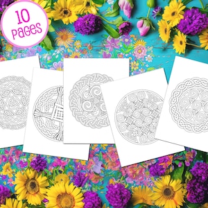 Könnte beinhalten: Ein Satz von 10 druckbaren Malvorlagen mit komplizierten keltischen Knotendesigns. Die Seiten werden auf einer blauen Holzoberfläche mit einem floralen Hintergrund angezeigt.
