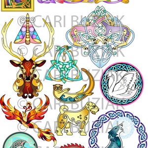 May include: A collection of 12 colorful Celtic knot designs featuring various animals, including a deer, a swan, a wolf, a dog, a phoenix, a boar, an otter, a butterfly, and a fish. The designs are intricate and detailed, with a variety of colors and patterns.
