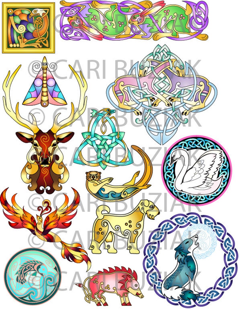 May include: A collection of 12 colorful Celtic knot designs featuring various animals, including a deer, a swan, a wolf, a dog, a phoenix, a boar, an otter, a butterfly, and a fish. The designs are intricate and detailed, with a variety of colors and patterns.