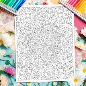 以下が含まれることがあります： 白黒の複雑なマンダラ模様で、花柄が描かれています。模様は白い枠で囲まれており、白い背景に描かれています。