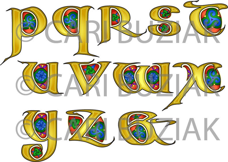 CELTIC Clipart ALPHABET Durrow Decorated Letters Full Color INVITATIONS Wedding Stationary Knot Irish Clip Art Lettering image 3