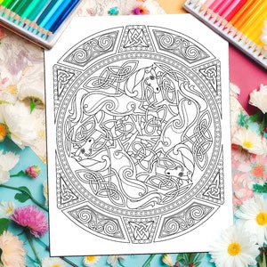 CELTIC Horses 'Epona's Shield', Coloring Therapy image 1