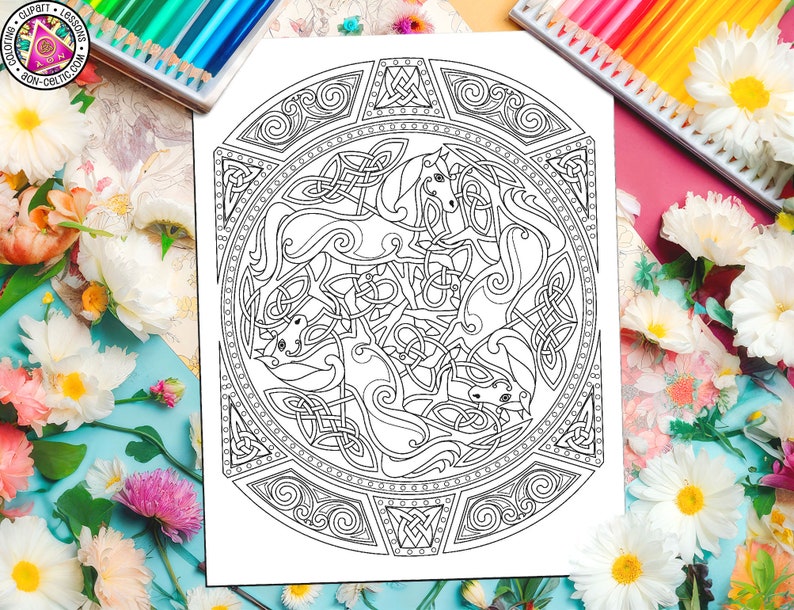 CELTIC Horses 'Epona's Shield', Coloring Therapy image 1