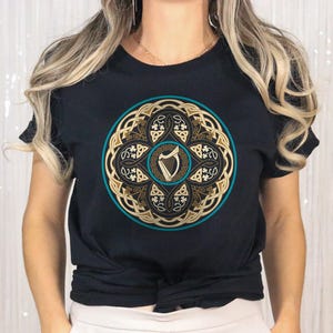 Celtic Harp Crest, Irish Knot Border | Shamrock Motif - Bella Canvas 3001 Unisex Cotton Tee image 1
