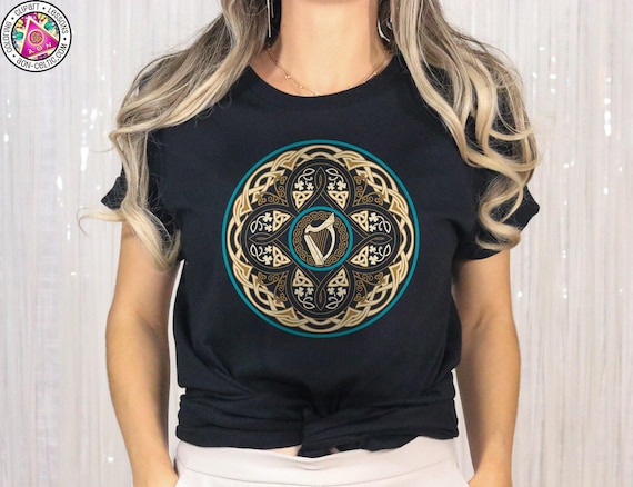 Celtic Harp Crest, Irish Knot Border | Shamrock Motif - Bella Canvas 3001 Unisex Cotton Tee