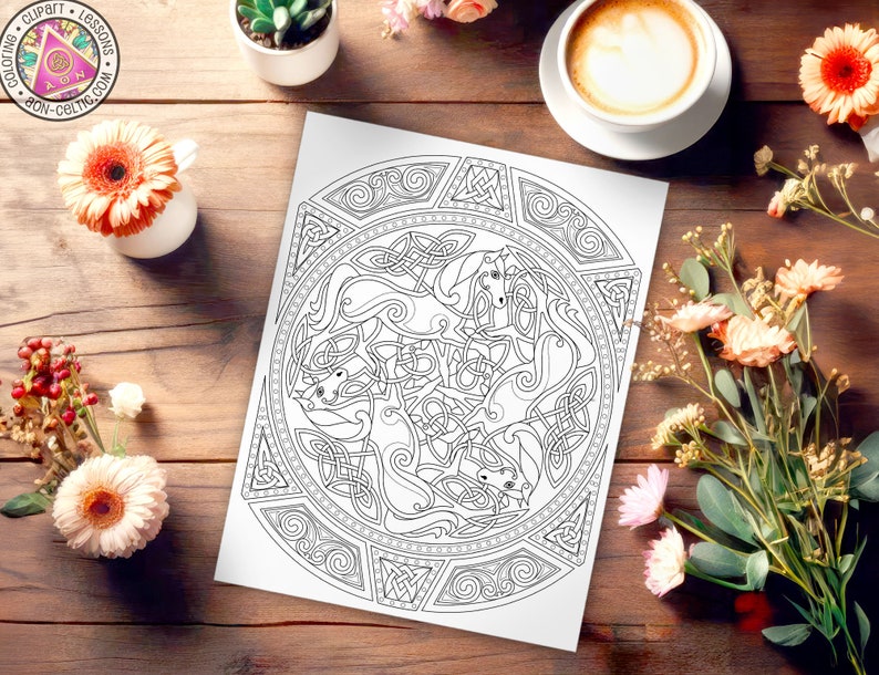 a coloring page with flowers and a cup of coffee