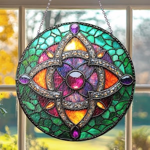 Celtic Stained Glass Suncatcher - Violet Clover, Gift for Her, Magical Christmas Decor, Home Decoration, Stained Glass Window, St Patrick’s