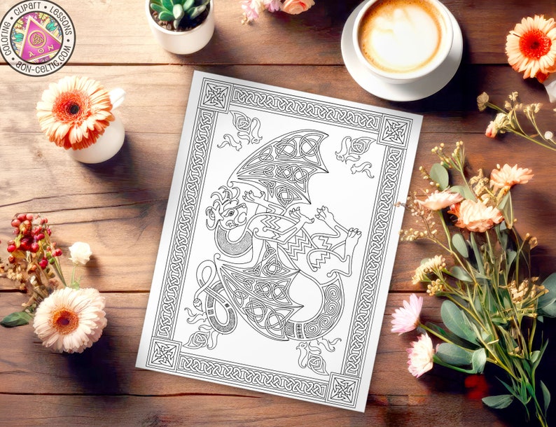 May include: A black and white printable coloring page featuring a Celtic knotwork dragon design. The dragon is curled up with its wings spread out. The design is surrounded by a border of Celtic knots.