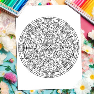 Könnte beinhalten: Eine Schwarz-Weiß-Mandala-Malvorlage mit komplizierten Designs und vier Schmetterlingen. Das Mandala ist kreisförmig und hat im Zentrum ein keltisches Knotendesign.