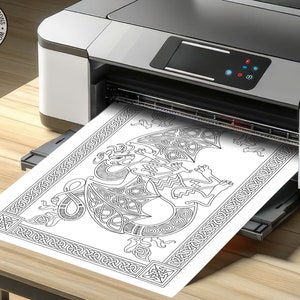 May include: A printer printing a black and white coloring page of a Celtic dragon design. The dragon is surrounded by a border of Celtic knots.