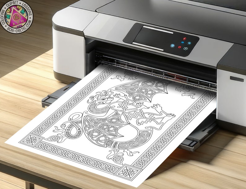May include: A printer printing a black and white coloring page of a Celtic dragon design. The dragon is surrounded by a border of Celtic knots.