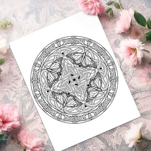 May include: A black and white printable coloring page featuring a circular mandala design with intricate Celtic knotwork and butterfly motifs.