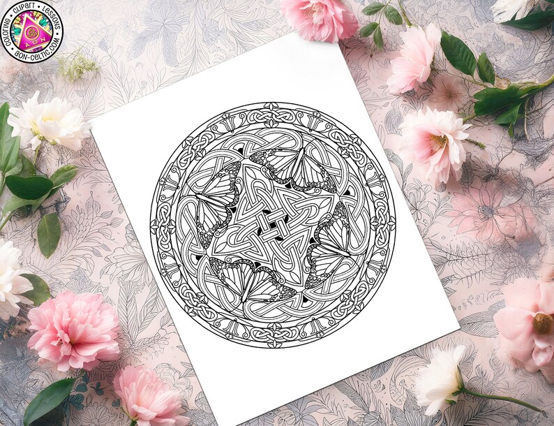 May include: A black and white printable coloring page featuring a circular mandala design with intricate Celtic knotwork and butterfly motifs.