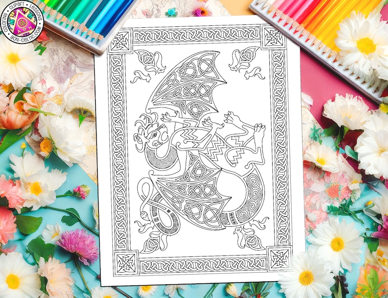 May include: A black and white coloring page featuring a Celtic knot dragon design. The dragon is curled up with its wings spread out. The design is surrounded by a border of Celtic knots.