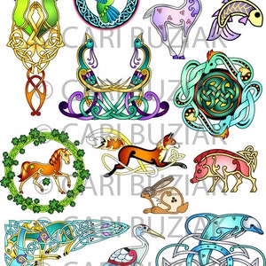 May include: A collection of 12 Celtic knot designs featuring various animals, including a deer, a fox, a horse, a pig, a rabbit, a hummingbird, a fish, a crane, a dolphin, and peacocks. The designs are intricate and detailed, with a variety of colors and patterns.
