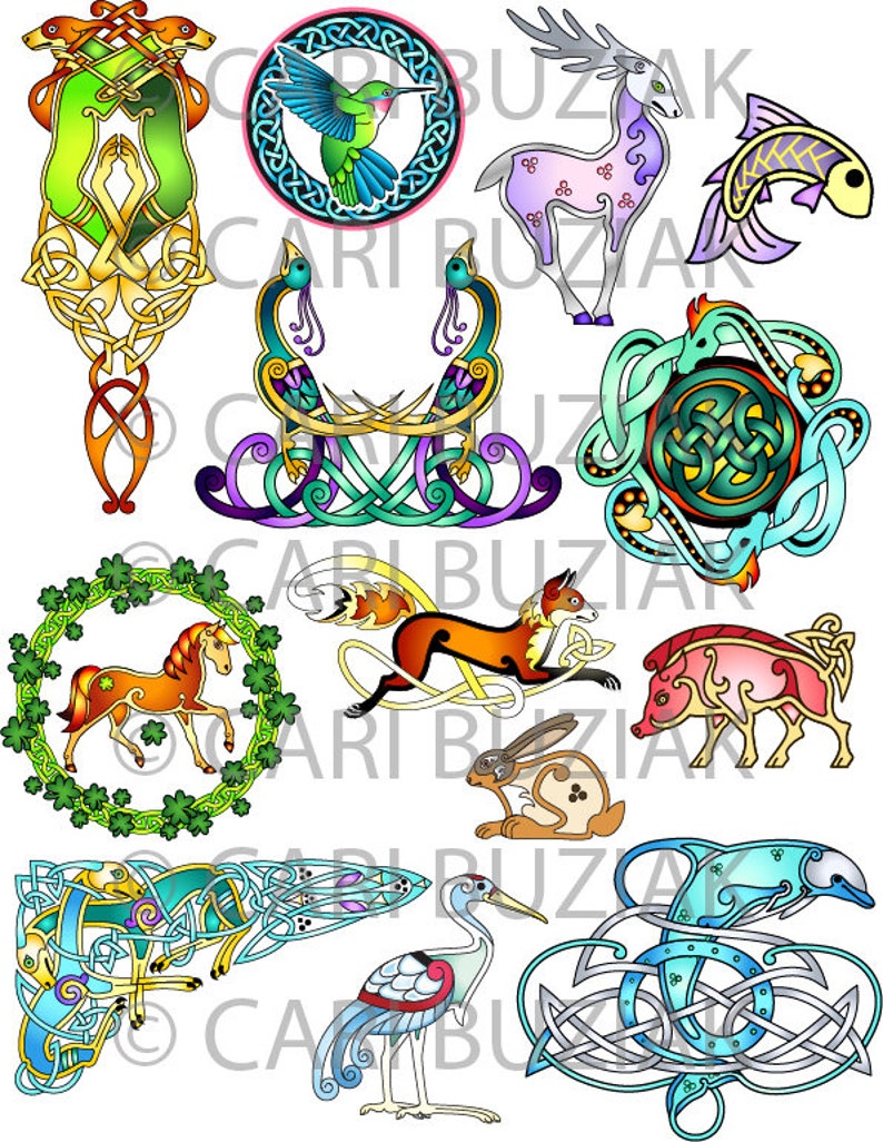 May include: A collection of 12 Celtic knot designs featuring various animals, including a deer, a fox, a horse, a pig, a rabbit, a hummingbird, a fish, a crane, a dolphin, and peacocks. The designs are intricate and detailed, with a variety of colors and patterns.