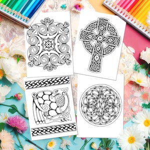 CELTIC Greeting CARD - 4 Pack of Cards to Color | Irish - Christmas - Cross - Spirals - Animals - Knots - Peacock - Download - Coloring
