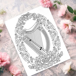 Celtic Coloring Page | Harp, Shamrock Knotwork - St Patrick's Day PDF Download, 8.5X11 Print