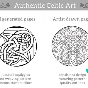 May include: A side-by-side comparison of two Celtic knot designs. The left design is labeled "AI generated pages" and has a jumbled, inconsistent appearance. The right design is labeled "Artist drawn pages" and features a consistent, intricate weaving pattern.