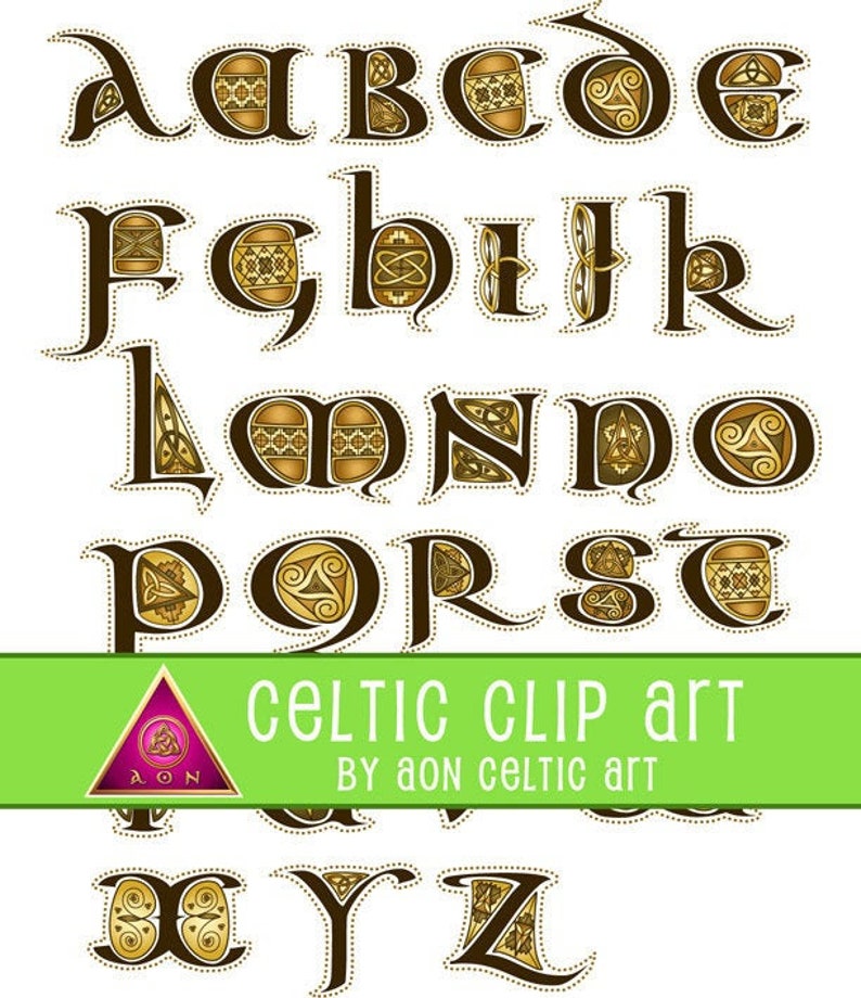 CELTIC Clipart ALPHABET Aon Decorated Letters Antique Colors INVITATIONS Wedding Stationary Knot Irish Clip Art Lettering image 1