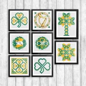 May include: Nine framed prints with Irish-themed designs. The designs include shamrocks, a harp, a cross, and the word "Eire".