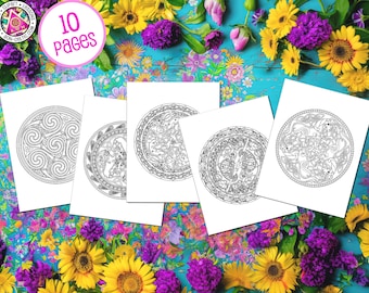 Dibujos para colorear celtas / Animales en espiral con nudos irlandeses, PDF imprimible, 10 hojas, diseños de mandalas.
