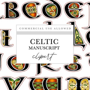 Clipart celtique ALPHABET - lettres décorées celtiques - rouges/verts/or, INVITATIONS, papeterie de mariage, travaux manuels celtiques, travaux manuels à pois