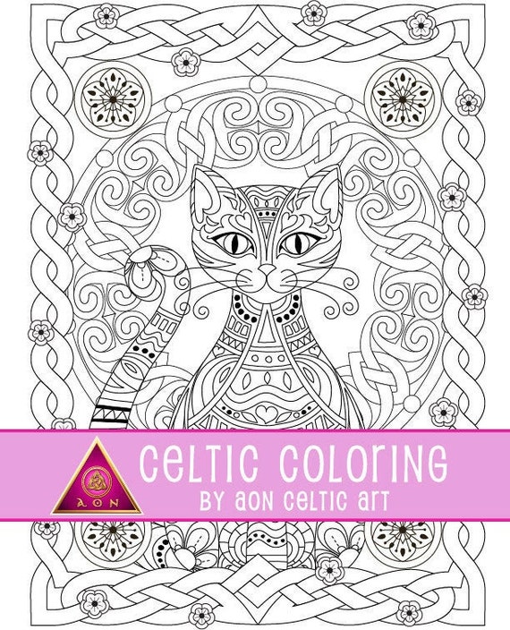 Download Celtic Coloring Page Celtic Cat Irish Colouring Kitten Etsy