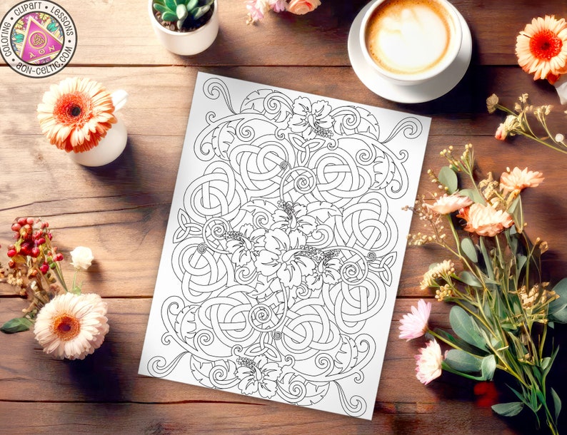 Puede incluir: Una p&aacute;gina para colorear imprimible en blanco y negro con un dise&ntilde;o de nudo celta con elementos florales. El patr&oacute;n intrincado incluye una variedad de nudos, remolinos y flores.