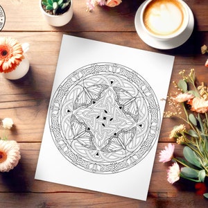 May include: A black and white printable coloring page featuring a Celtic knot mandala design. The intricate pattern is perfect for adults and teens who enjoy detailed coloring projects.
