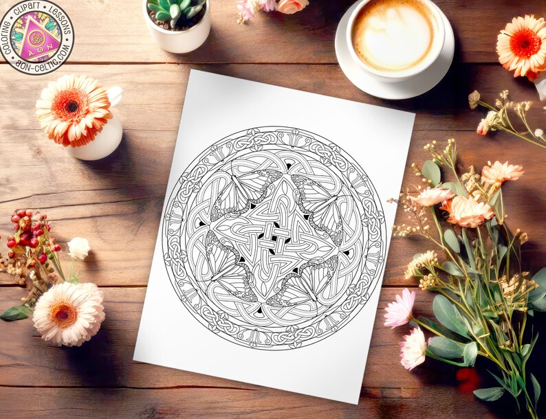 May include: A black and white printable coloring page featuring a Celtic knot mandala design. The intricate pattern is perfect for adults and teens who enjoy detailed coloring projects.