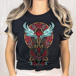 Womens Celtic Shirt, Winged Hearts-Roses Tee | Bella Canvas 3001 | Combed Ring-Spun Cotton