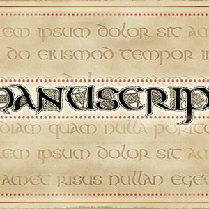 May include: A vintage-style parchment background with a decorative black and white font that reads "MANUSCRIPT". The text is surrounded by a red dotted border.