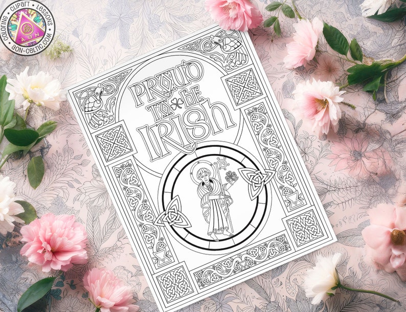 May include: A black and white printable coloring page featuring a Celtic knot design with the text "Proud to be Irish". The design includes a shamrock and a figure of a person holding a shamrock.