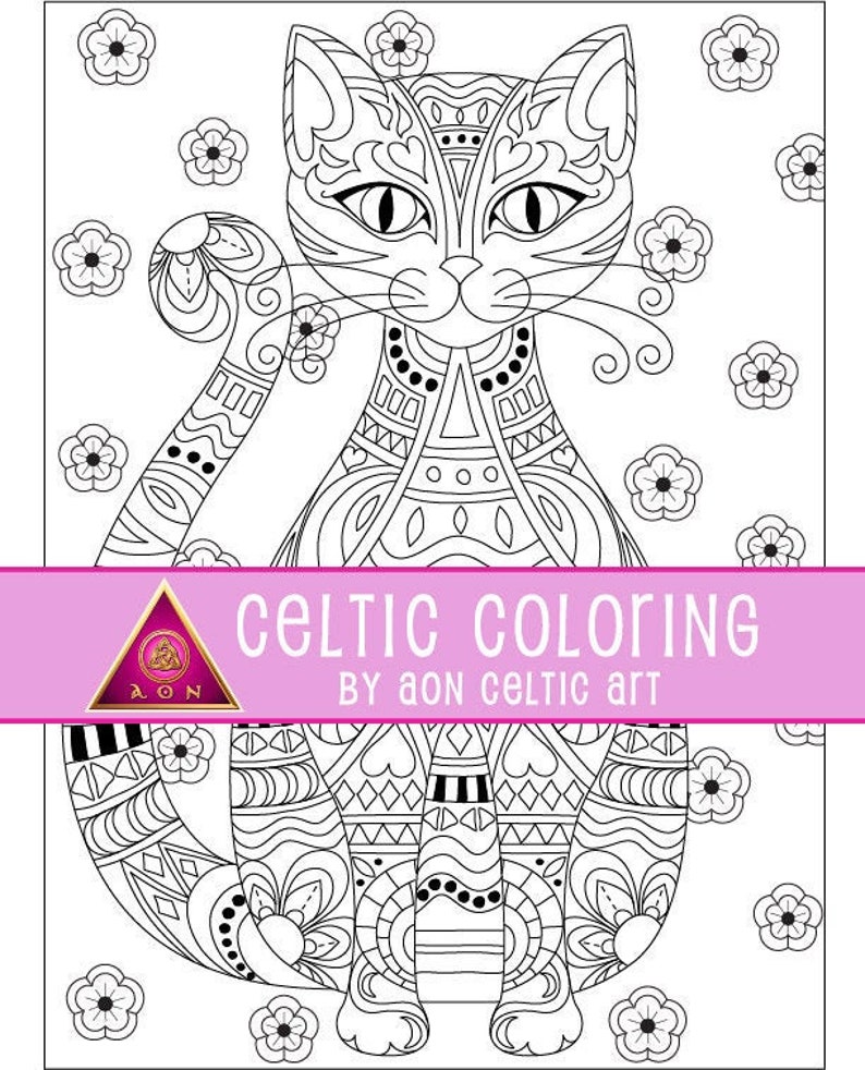 CELTIC COLORING Page Fancy Cat Irish Colouring Dragons | Etsy