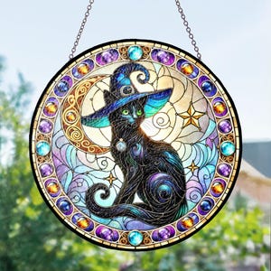Celtic Stained Glass Suncatcher - Wiccan Cat, Gift for Her, Spooky Halloween Decor, Home Decoration, Stained Glass Window, St Patrick’s Day