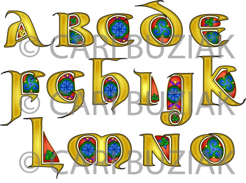 CELTIC Clipart ALPHABET Durrow Decorated Letters Full Color INVITATIONS Wedding Stationary Knot Irish Clip Art Lettering image 2