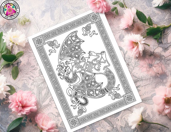 Celtic Coloring Page | Heraldic Dragon Knotwork, Digital Printable PDF - 8.5X11 300DPI Download