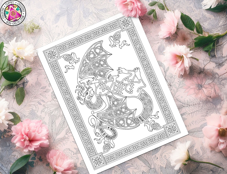 May include: A black and white printable coloring page featuring a detailed Celtic knotwork dragon design. The dragon is curled up with its wings spread out. The design is framed by a border of Celtic knots.