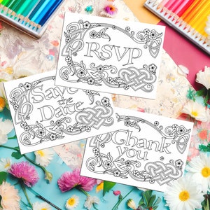 CELTIC Greeting CARD - Faire-part de mariage à colorier | Réservez votre date pour mariage irlandais, RSVP, cartes de remerciement, cartes vierges, coloriage