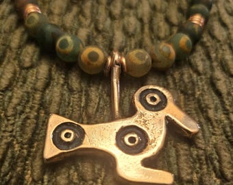 Fairford Duck on green Tibetan agate necklace - bronze or copper pendant