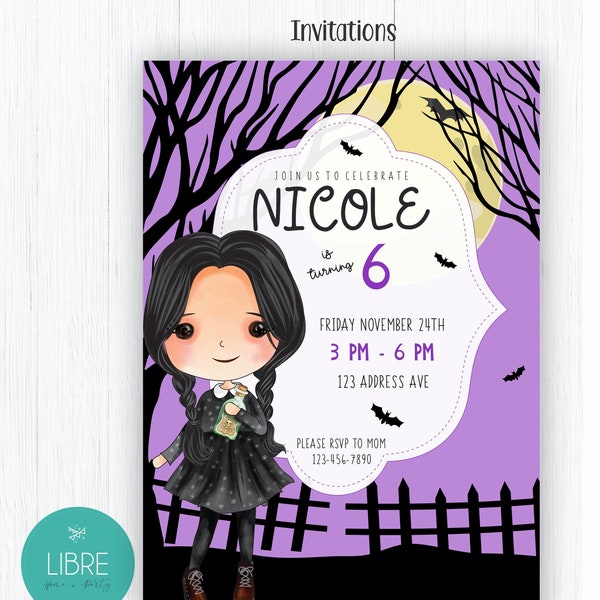 Miércoles invitación digital e imprimible, fiesta de cumpleaños de miércoles Addams, cumpleaños de Merlina, invitación de niños Addams, familia Addams