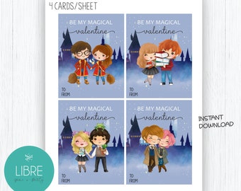 Puede incluir: Una hoja digital de cuatro tarjetas de San Valentín imprimibles con personajes de dibujos animados sobre un fondo de castillo azul. Cada tarjeta incluye el texto BE MY MAGICAL valentine y campos TO: FROM:. Las ilustraciones muestran parejas de personajes.