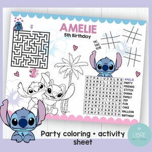 May include: A party coloring and activity sheet featuring the character Stitch. The sheet includes a maze, tic-tac-toe, word search, and Stitch illustrations. The text reads "AMELIE 5th Birthday" and "Party coloring + activity sheet".