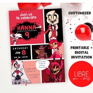 Faire-part numérique et imprimable personnalisé pour hôtel Hazbin, fête d'anniversaire Alastor Charlie, joyeux anniversaire à l'hôtel, invitation