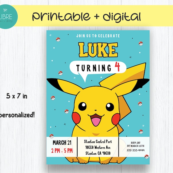 Invitation numérique et imprimable de Pikachu, fête d'anniversaire, anniversaire de Pikachu, invitation d'enfants, partie numérique et imprimable