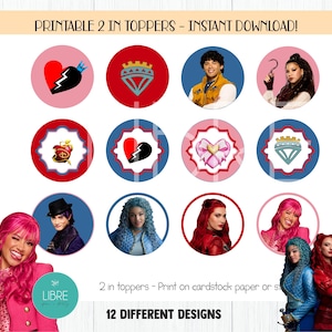 May include: A set of 12 circular printable cupcake toppers featuring various character portraits and icons including hearts, crowns, and apples. The designs are presented in a grid format with red, blue, and pink colour schemes, labelled as 2-inch toppers.