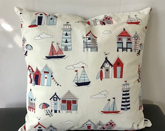 Beach hut, nautical seaside cushion cover, 15" x 15", 100% cotton